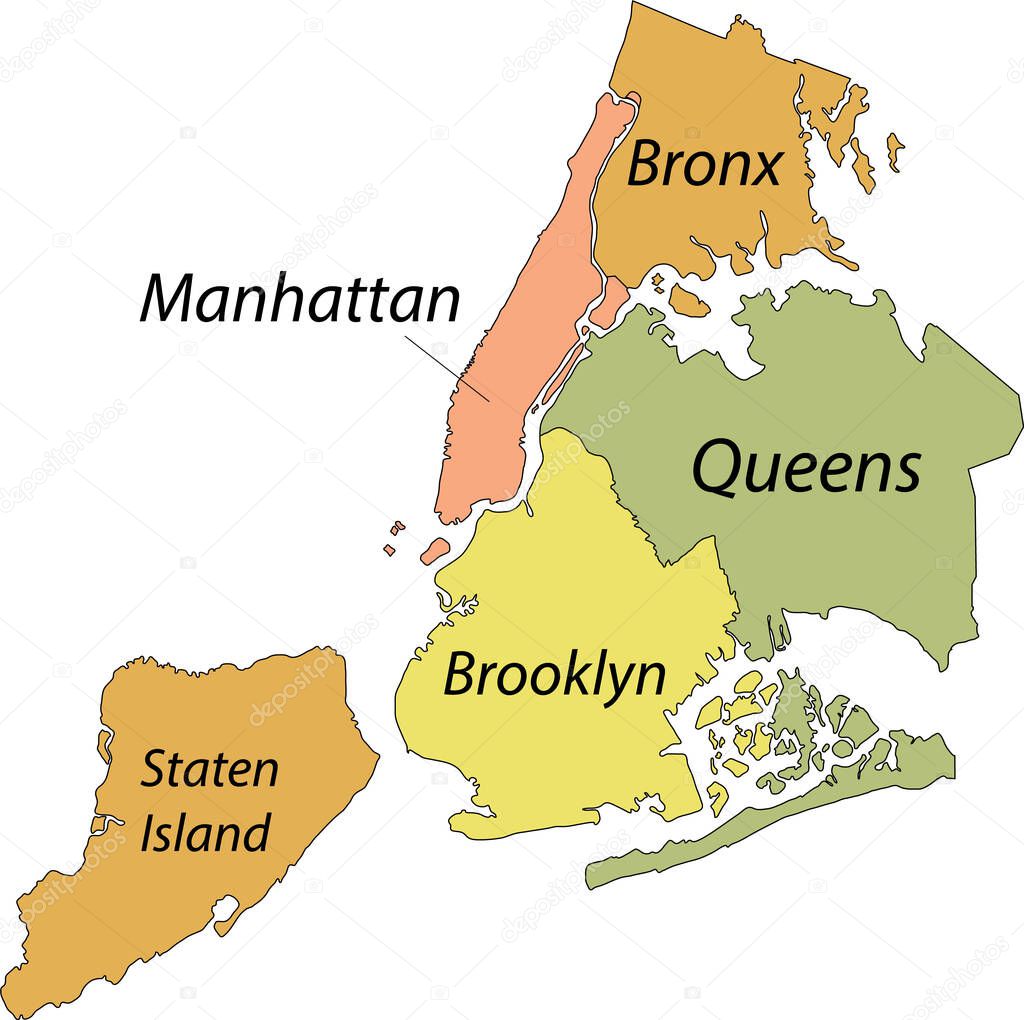 Simple pastel vector map with black borders and names of boroughs of the New York City, USA
