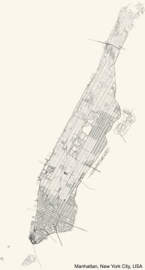 ABD 'nin New York şehrinin Manhattan semtinin klasik bej arka planında siyah basit detaylı yol haritası