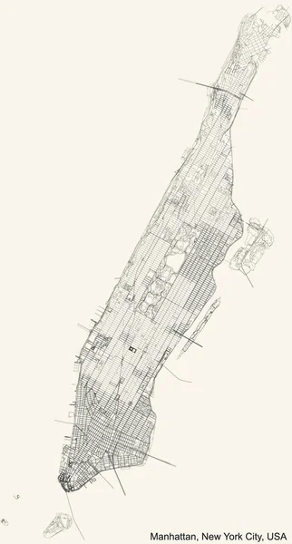 ABD 'nin New York şehrinin Manhattan semtinin klasik bej arka planında siyah basit detaylı yol haritası