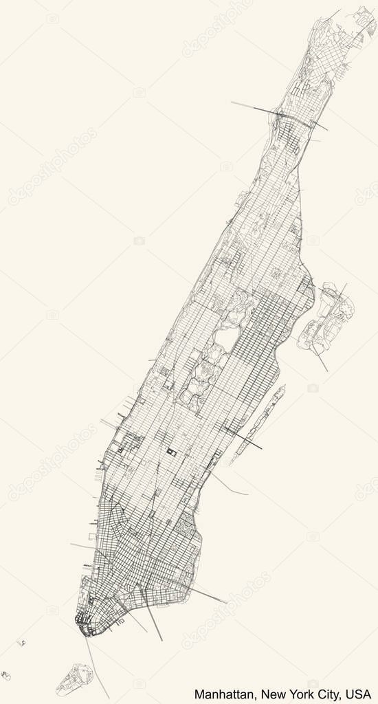 Black simple detailed street roads map on vintage beige background of the quarter Manhattan borough of New York City, USA