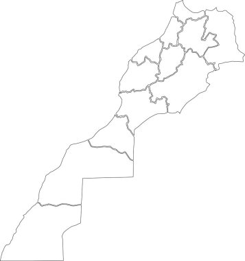 Fas Krallığı 'nın bölgelerinin siyah kenarlı beyaz vektör haritası.