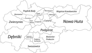 Siyah sınırları ve Krakow, Polonya bölgelerinin isimleriyle basit bir boş beyaz vektör haritası