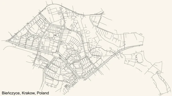 Schwarze Einfache Detaillierte Straßenkarte Auf Beigem Hintergrund Des Stadtteils Bieczyce — Stockvektor