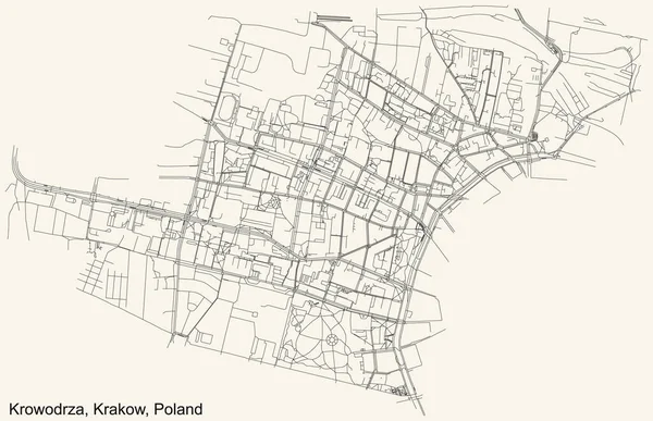 Schwarze Einfache Detaillierte Straßenkarte Auf Beigem Hintergrund Des Viertels Krowodrza — Stockvektor