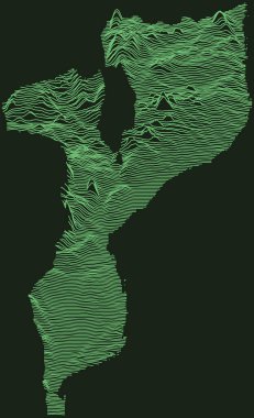 Mozambik Cumhuriyeti Topografik askeri radar taktik haritası koyu yeşil arka planda zümrüt yeşil sınır çizgileri ile