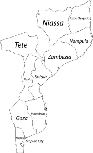 Mapa Vectorial Blanco República Mozambique Con Fronteras Negras Nombres Sus — Vector de stock