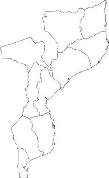 Biała Mapa Wektorowa Republiki Mozambiku Czarnymi Granicami Jej Prowincji — Wektor stockowy