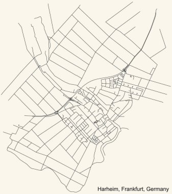 Frankfurt am Main, Almanya 'nın Harheim ilçesinin (ortsbezirk) klasik bej arka planında siyah basit ayrıntılı yol haritası