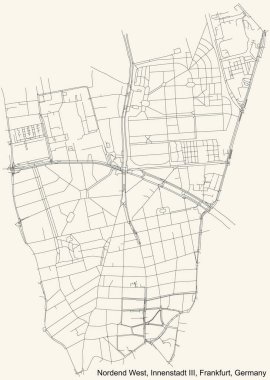 Frankfurt am Main, Almanya 'nın Innenstadt III kentsel ilçesinde (ortsbezirk) Nordend-West mahallesinin klasik bej arka plan haritası