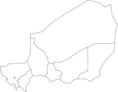 Nijer Cumhuriyeti 'nin bölgelerinde siyah sınırları olan beyaz boş vektör haritası