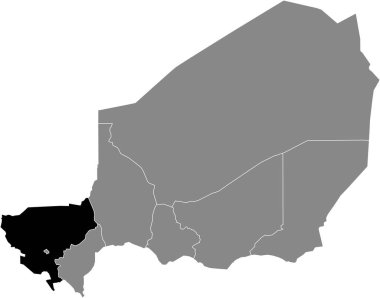 Nijerya Cumhuriyeti 'nin gri haritasındaki Nijerya Tillabri bölgesinin siyah vurgulanmış konum haritası