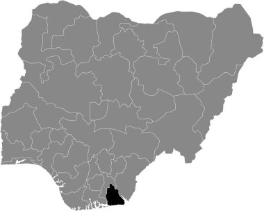 Nijerya Cumhuriyeti 'nin gri haritasında Nijerya' nın Akwa İbom eyaletinin siyah vurgulanmış konumu