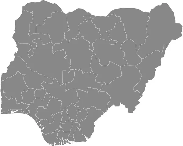 Grå Vektorkarta Över Förbundsrepubliken Nigeria Med Vita Statsgränser — Stock vektor
