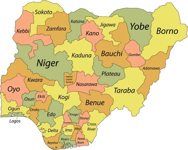 Pastel Mapa Vectorial República Federal Nigeria Con Fronteras Negras Nombres — Archivo Imágenes Vectoriales