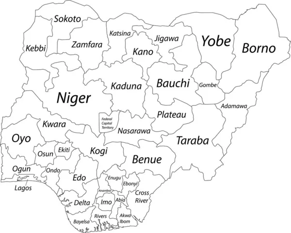 Mapa Vectorial Blanco República Federal Nigeria Con Fronteras Negras Nombres — Vector de stock