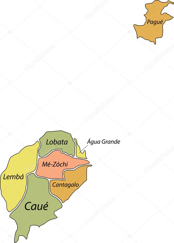 Pastel vector map of the Democratic Republic of Sao Tome and Principe with black borders and names of its districts