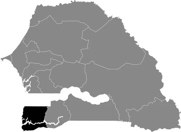 Preto Destaque Mapa Localização Região Senegalesa Ziguinchor Dentro Mapa Cinza —  Vetores de Stock