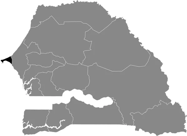 Senegal Cumhuriyeti Nin Gri Haritasında Senegal Dakar Bölgesinin Siyah Vurgulanmış — Stok Vektör