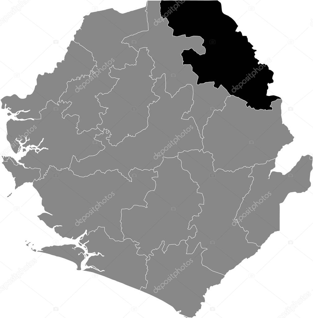 Black highlighted location map of the Sierra Leonean Falaba district inside gray map of the Republic of Sierra Leone