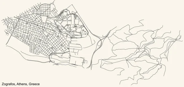 Schwarze Einfache Detaillierte Straßenkarte Auf Beigem Hintergrund Des Stadtviertels Zografou — Stockvektor