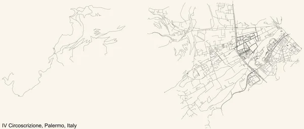 パレルモ イタリアの第四地区 モンテグラッパ ロザリア キューバ カラファティミ メゾモネレーレ ヴィラタスカアルタレロ ボッカディファルコ のヴィンテージベージュの背景に黒のシンプルな詳細道路地図 — ストックベクタ