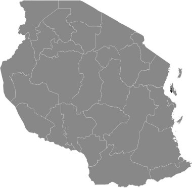 Tanzanya Birleşik Cumhuriyeti 'nin gri haritası içinde Tanzanya Mjini Magharibi (Zanzibar Urban West) bölgesinin siyah vurgulanmış konum haritası