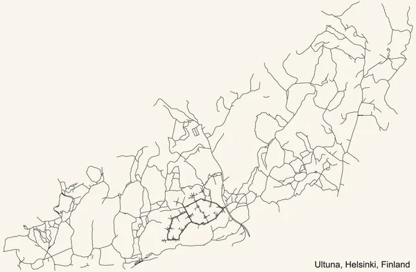 芬兰赫尔辛基Ultuna街区旧式米色背景的黑色简单而详细的街道路线图 — 图库矢量图片