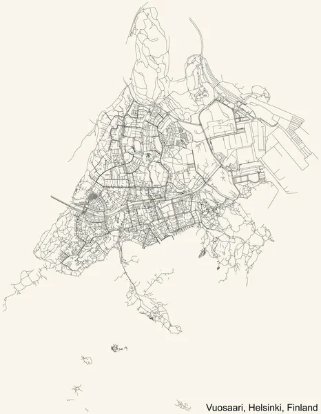 Carte Routière Simple Noire Sur Fond Beige Vintage Quartier Vuosaari — Image vectorielle