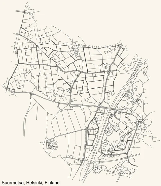 Mappa Dettagliata Nera Delle Strade Sfondo Beige Vintage Del Quartiere — Vettoriale Stock