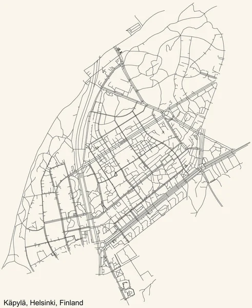 Mappa Dettagliata Nera Delle Strade Sfondo Beige Vintage Del Quartiere — Vettoriale Stock