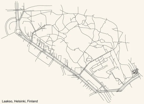 Schwarze Einfache Detaillierte Straßenkarte Auf Beigem Hintergrund Des Viertels Laakso — Stockvektor