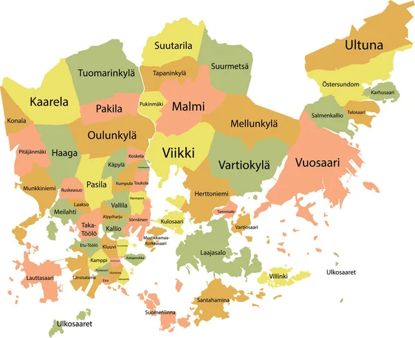 Egyszerű Pasztell Vektor Térkép Fekete Határokkal Városrészek Nevével Helsinki Finnország — Stock Vector