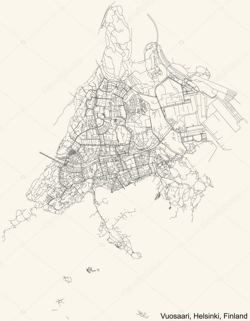 Black simple detailed street roads map on vintage beige background of the quarter Vuosaari (Nordsj) neighbourhood of Helsinki, Finland