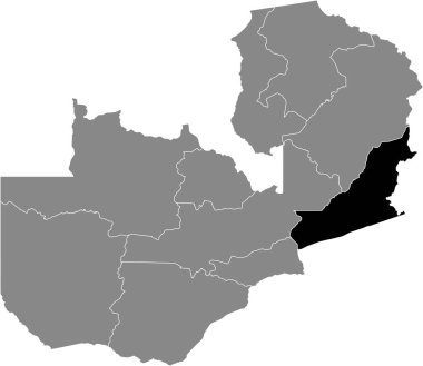 Zambiya Cumhuriyeti 'nin gri haritasında Zambiya Doğu eyaletinin siyah vurgulanmış konum haritası
