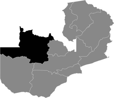 Zambiya 'nın gri haritasında Zambiya' nın kuzeybatı bölgesinin siyah vurgulanmış konum haritası