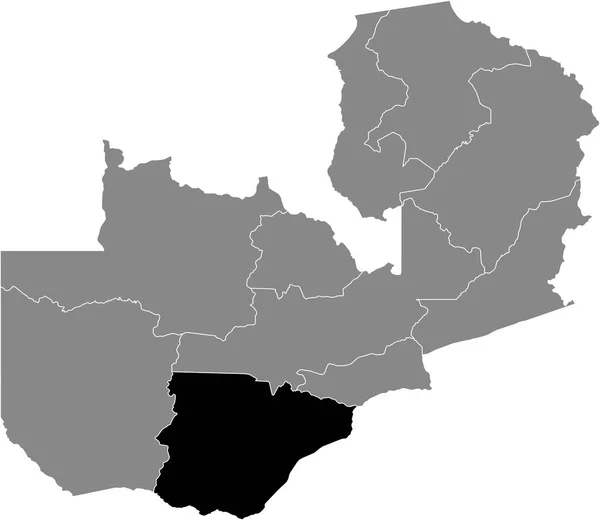 ザンビア共和国の灰色の地図の中のザンビア南部州の黒いハイライト表示された場所 — ストックベクタ