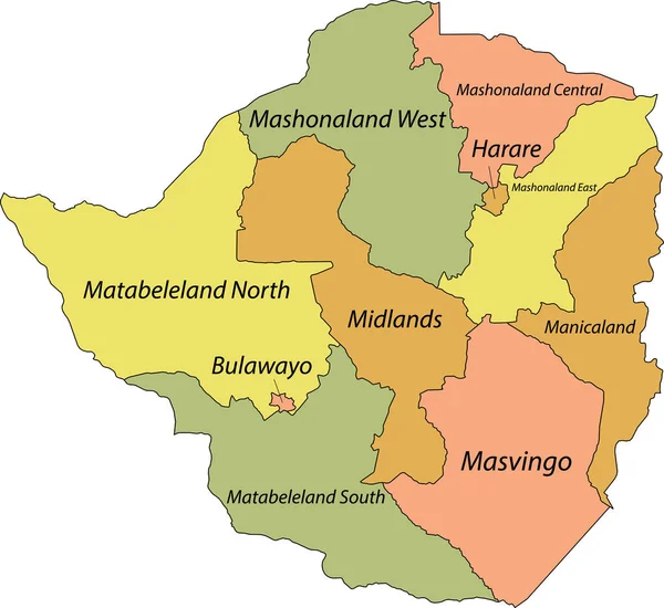 Pastelová Vektorová Mapa Zimbabwské Republiky Černými Okraji Názvy Jejích Provincií — Stockový vektor