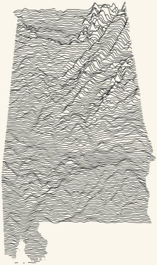 Alabama Federal Eyaleti 'nin açık topoğrafi haritası. Bej arka planda siyah çizgiler var.