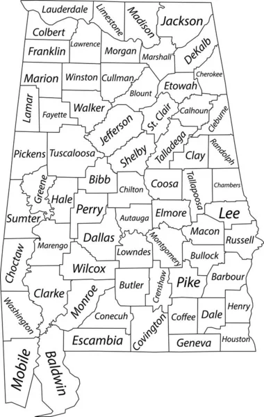アラバマ州 その郡の黒い境界線と名前を持つ米国の白い空白のベクトルマップ — ストックベクタ