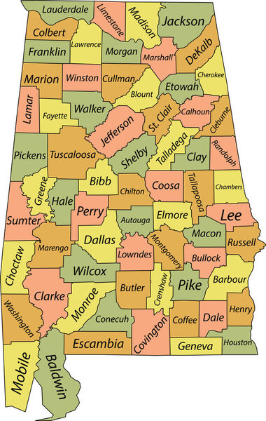 Векторная карта штата Алабама, США с чёрными границами и названиями округов