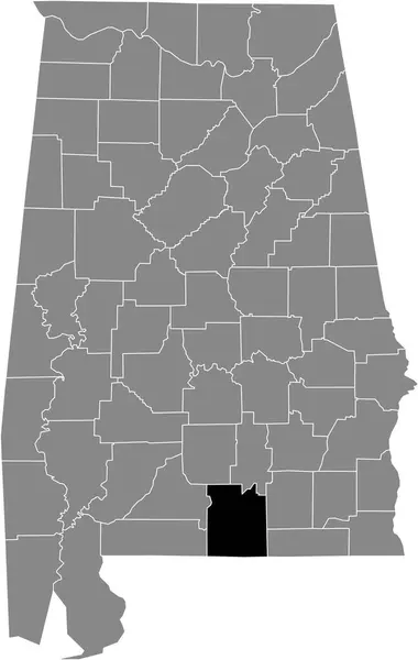 米国アラバマ州の灰色の地図の中にある米国コビントン郡の黒いハイライトされた場所 — ストックベクタ