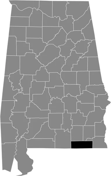 米国アラバマ州の灰色の地図の中の米国ジュネーブ郡の黒いハイライトされた場所 — ストックベクタ