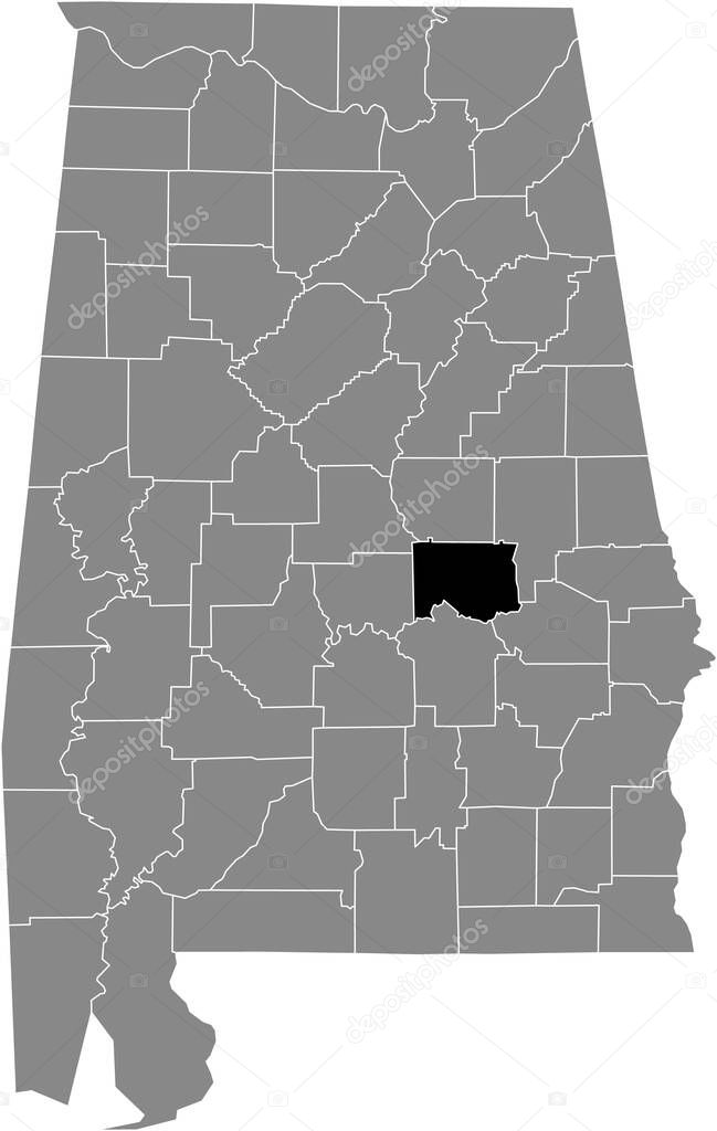 Black highlighted location map of the US Elmore county inside gray map of the Federal State of Alabama, USA