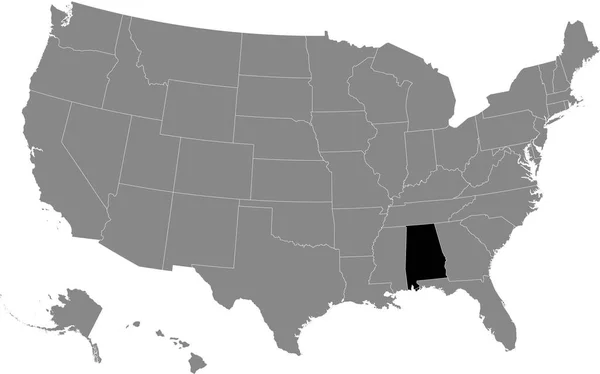 Černá Zvýrazněná Mapa Umístění Federálního Státu Alabama Šedé Mapě Spojených — Stockový vektor