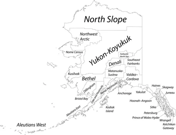 アラスカ州の白い空白のベクトルマップ 黒い境界線とその自治区と国勢調査地域の名前を持つ米国 — ストックベクタ
