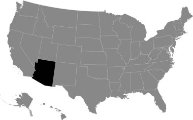 Black highlighted location map of the US Federal State of Arizona inside gray map of the United States of America clipart
