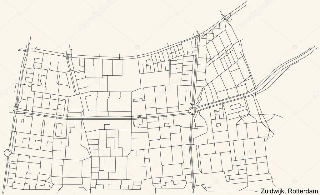 Black simple detailed street roads map on vintage beige background of the quarter Zuidwijk neighbourhood of Rotterdam, Netherlands