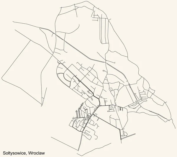 Schwarze Einfache Detaillierte Straßenkarte Auf Beigem Hintergrund Des Viertels Sotysowice — Stockvektor
