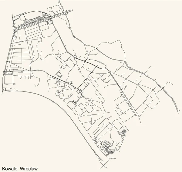 Schwarze Einfache Detaillierte Straßenkarte Auf Beigem Hintergrund Des Viertels Kowale — Stockvektor