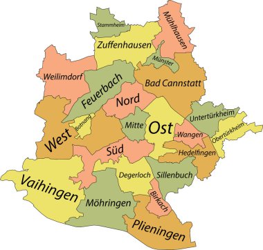 Siyah kenarlı basit pastel vektör haritası ve Almanya 'nın Stuttgart ilçelerinin isimleri
